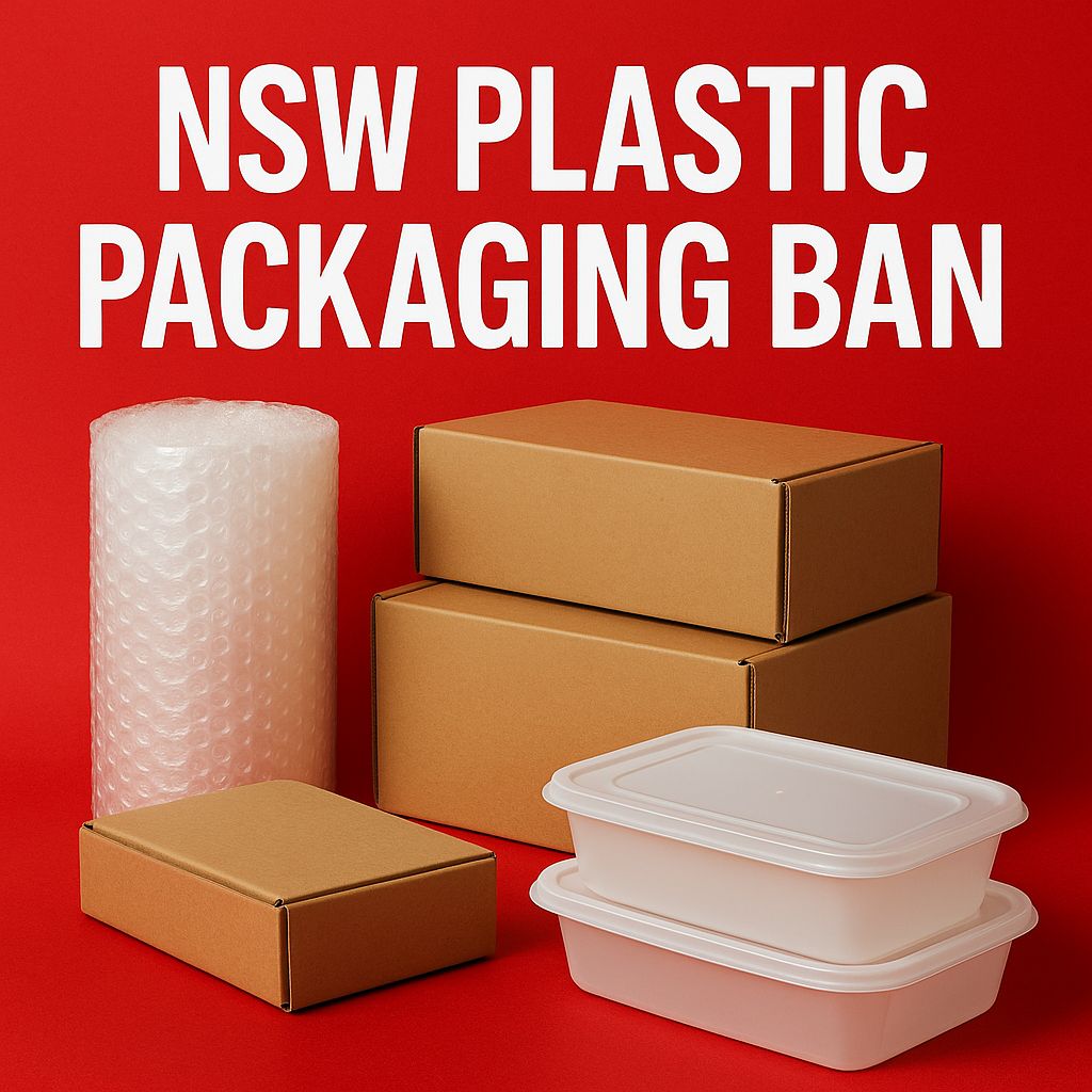 NSW plastic packaging ban 2025 visual showing recyclable bubble wrap, kraft boxes and legal takeaway containers on red background.